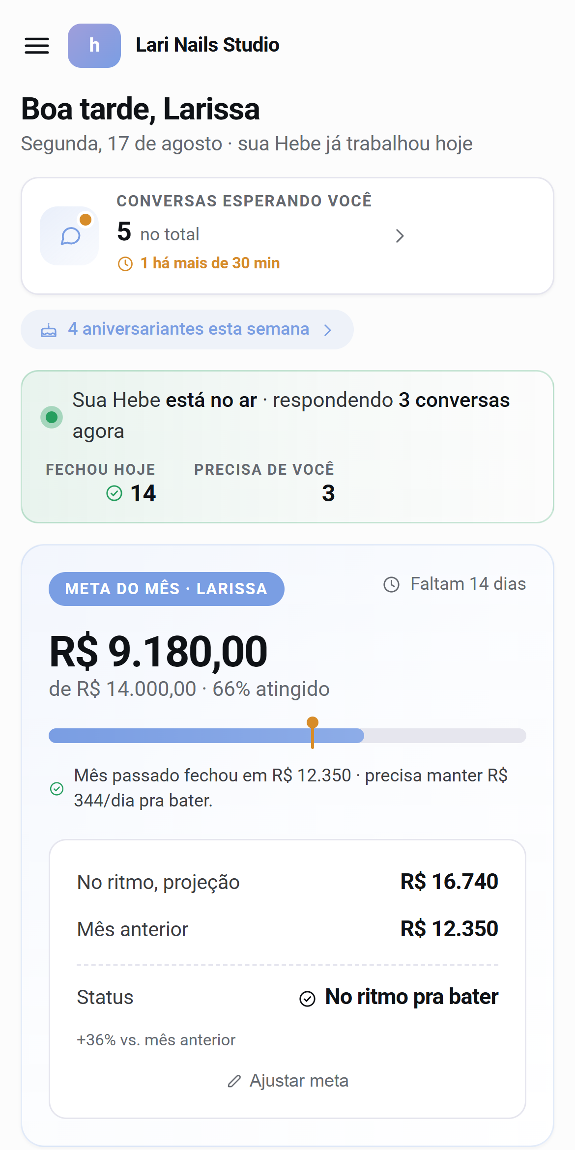 Painel da Hebe no celular, mostrando conversas esperando e a meta do mês