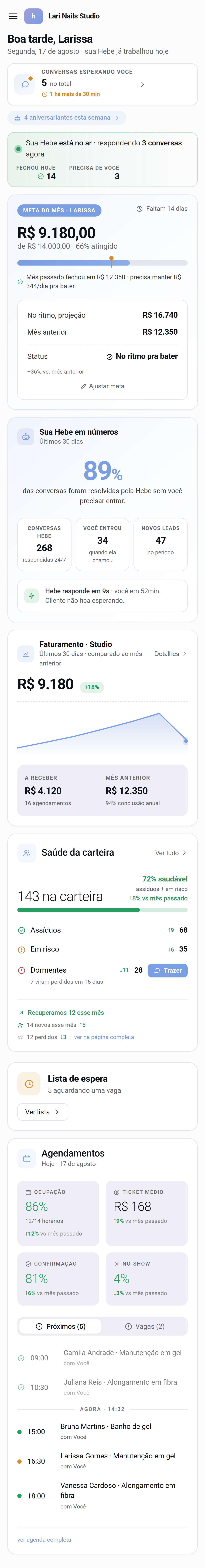 Painel da Hebe no celular: conversas esperando, meta do mês, saúde da carteira e agendamentos do dia